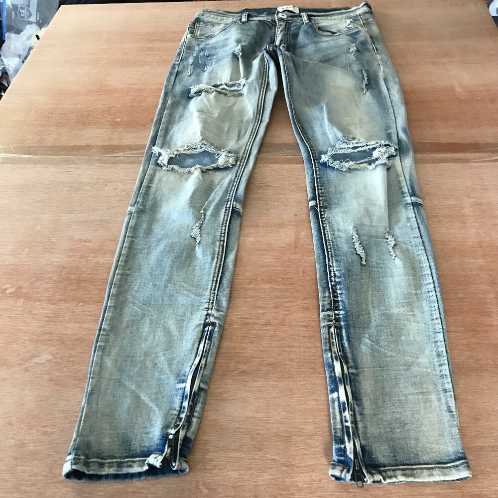 KDNK Straight Jeans Men 32x31 Blue Mid Rise Distressed Ankle Zip Stretch 16489